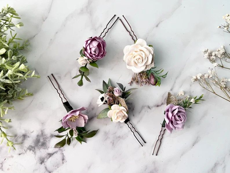 White and Purple Hair Accessories for Wedding