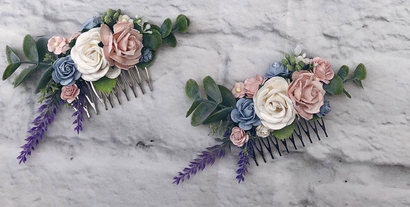 Blush Pink Dusky Blue Flower Hair Comb Bridesmaid Hair Piece