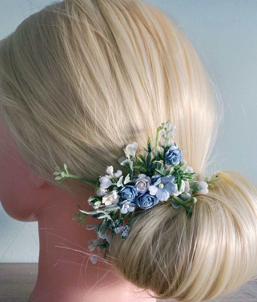 Dusky Dusty Blue Flower Hair Comb Bridesmaid Bridal Wedding Hair