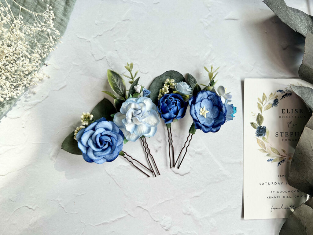 Royal Blue and Dusty Blue Flower Hair Pins Paper Flower Hair Pins