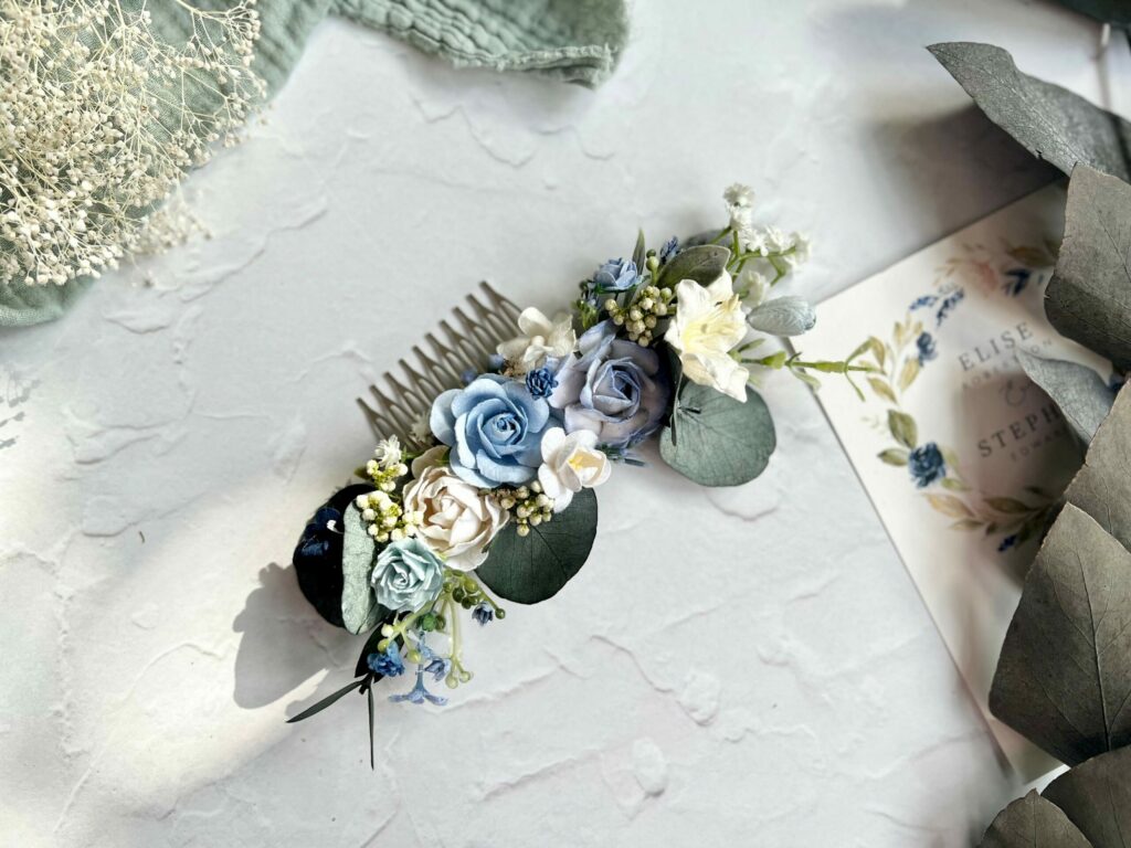 Dusty Blue and White Flower Hair Comb Paper Flower Hair Piece