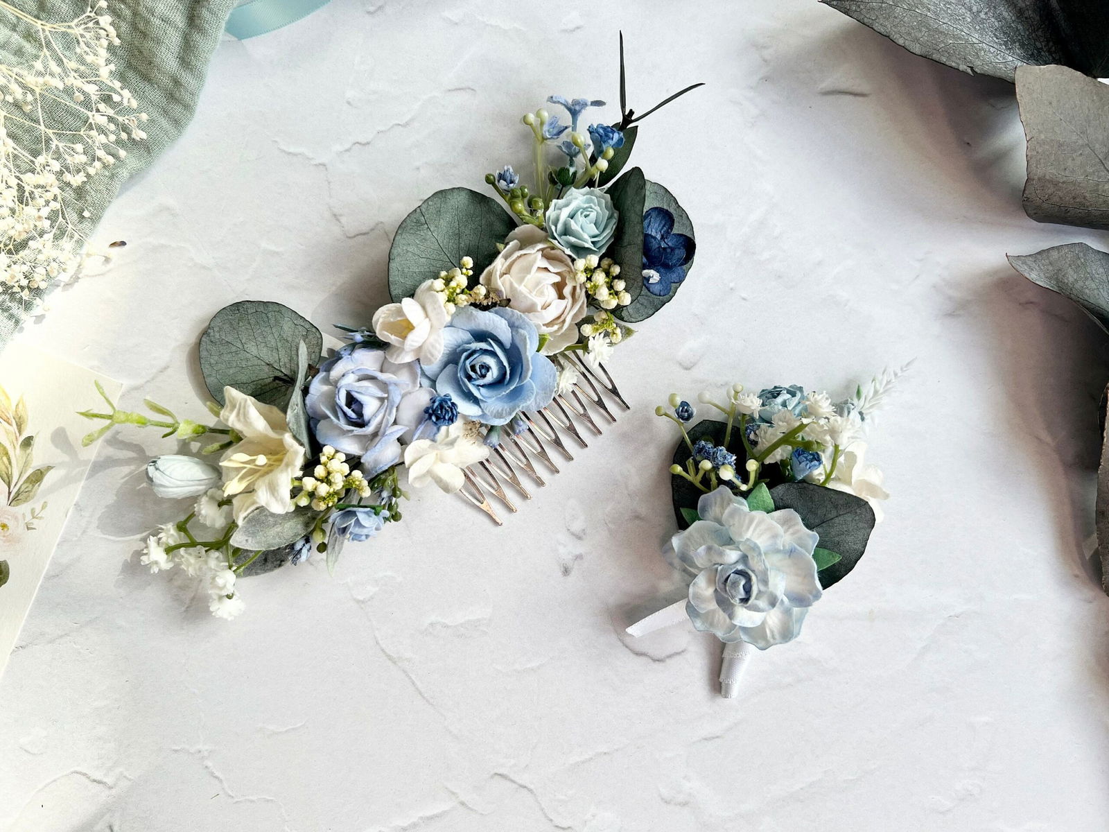 Dusty Blue and White Flower Hair Comb Paper Flower Hair Piece